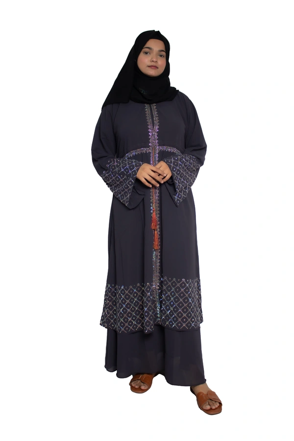 Humeira Abaya Dubai Style Stone Work Abaya Shrug in Al Nida Fabric Simple Sherwani Botton Chitta Double Abaya beige - 54, Beige, 300 gms