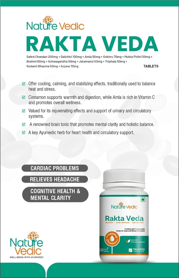 "Nature Vedic Rakta Veda Effective for Blood Circulation, High BP, Cardiac problem & Relieves Headaches. Its enriched with 11 effective Ayurvedic Herbs. 100 % Safe Ayush Approved GMP Certified"