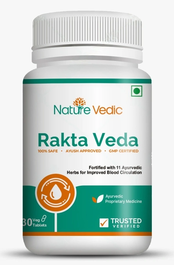 "Nature Vedic Rakta Veda Effective for Blood Circulation, High BP, Cardiac problem & Relieves Headaches. Its enriched with 11 effective Ayurvedic Herbs. 100 % Safe Ayush Approved GMP Certified"