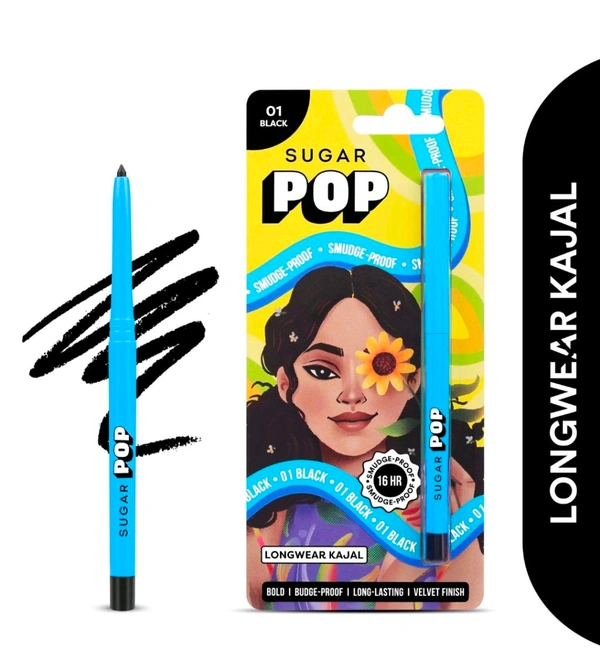Sugar Pop Longwear Kajal - 01 Black Instent Dark Kohl Kajal For Women|Long-lasting, Smudge Proof, Bold, Budge Proof, Velvet Finish|Lasts Up to 16 Hours