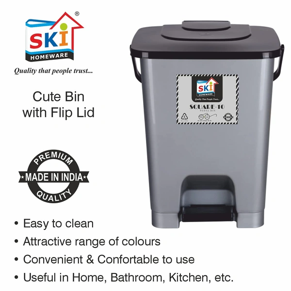 Ski Square Dustbin with Pedal 10lt - 10lt