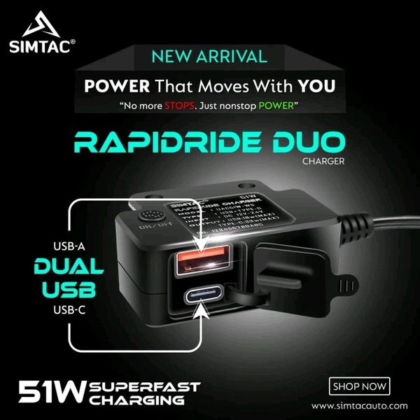 SIMTAC RapidRide Duo 51W Charger – Dual USB & Type-C Ports with Universal Fitment