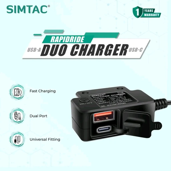 SIMTAC RapidRide Duo 51W Charger – Dual USB & Type-C Ports with Universal Fitment