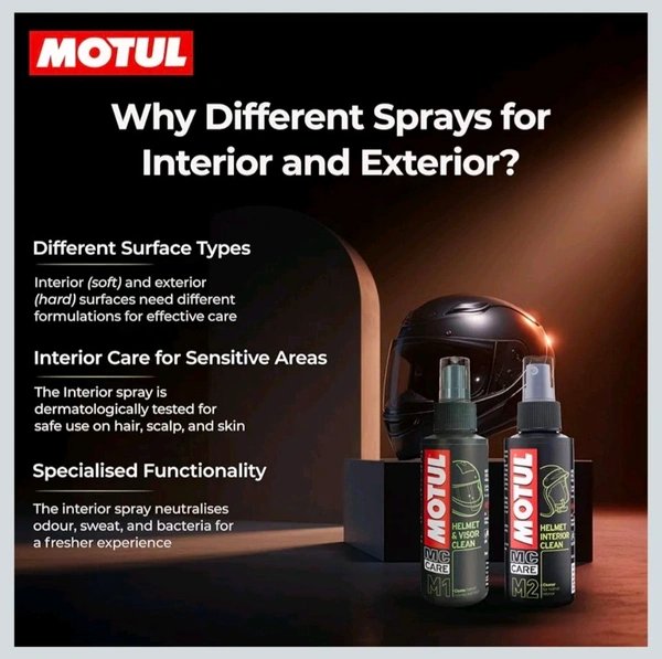 Motul Helmet Care Kit (M1 & M2 Combo Kit) - Helmet Visor & Interior Cleaner Spray with Bactericide Sanitizer | 100ml Each | Suitable for All Helmets