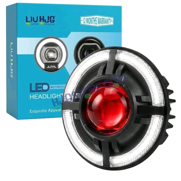 HJG C-318 Red Halo Ring 108W Projector Ultra Wide 7 Inch Headlight Assembly Devil Halo Ring C-318 White LED Headlight New Projector Headlight Assembly for Royal Enfield | 108W CREE/Osram LED Chip Multi DRL Compatible with Royal Enfield, Jeep, Thar, Gypsy