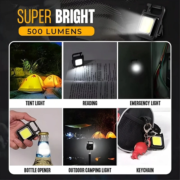 Soseelnee COB Keychain Light,Rechargeable Led Small Flashlight 500 Lumens Bright 4 Light Modes Pocket Emergency Work Light with Corkscrew & Magnet Base for Indoor Outdoor Use  - Pack 2