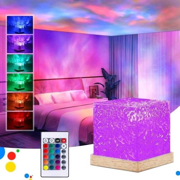 Romantic Projector Warm Ocean Wave Water Sixteen LED Night Light Projector 3D Water Wave Effect, Remote Control USB Crystal Table Lamp for Home Decor, Bedroom & Gift, Multicolor Light (Cube Shape) - Pack Of 1