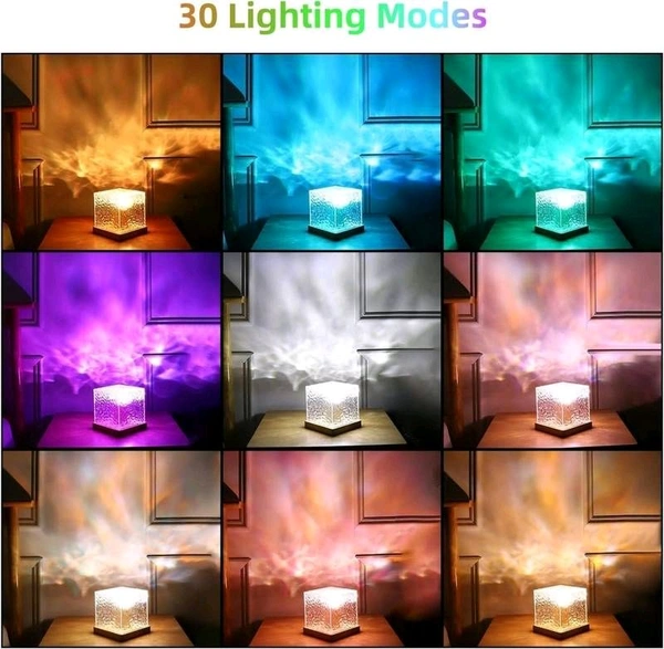 Romantic Projector Warm Ocean Wave Water Sixteen LED Night Light Projector 3D Water Wave Effect, Remote Control USB Crystal Table Lamp for Home Decor, Bedroom & Gift, Multicolor Light (Cube Shape) - Pack Of 1