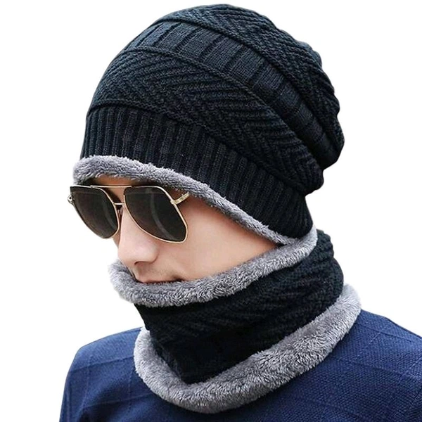 Winter Woolen Hat and Scarf Neck Scarf Warm Knit Hat Thick Fleece Lined Winter Hat & Scarf for Men Women (Combo)