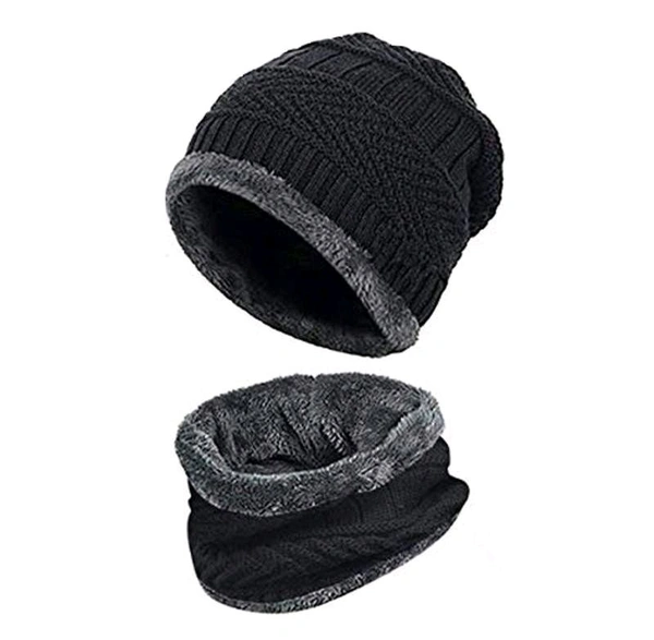 Winter Woolen Hat and Scarf Neck Scarf Warm Knit Hat Thick Fleece Lined Winter Hat & Scarf for Men Women (Combo)