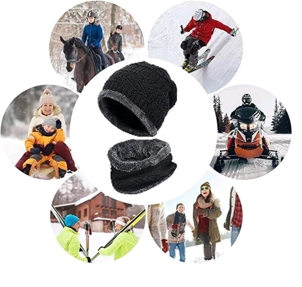 Winter Woolen Hat and Scarf Neck Scarf Warm Knit Hat Thick Fleece Lined Winter Hat & Scarf for Men Women (Combo)