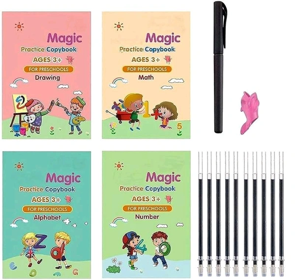 4 Pcs magic practice copybook & 10 refill for kids handwriting English reusable magical tracing book letter writing set