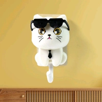 Cat Hook for Wall, Cute Cat Key Hook with Sunglasses, Self-Adhesive Coat Hook, keyholder - Pet Wall Hook for Wall, Decorative for Coat Bag - Pack Of 1