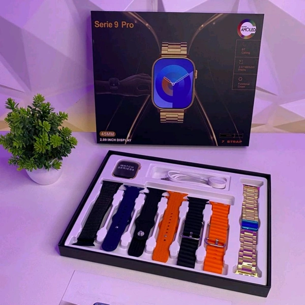 Series 9 Pro 7-in-1 Strap Combo Smartwatch – Premium Quality with 2.09" High-Definition Display, 45mm Dial with Secure Strap Lock, Wireless Charging, and 7 Awesome Premium Straps