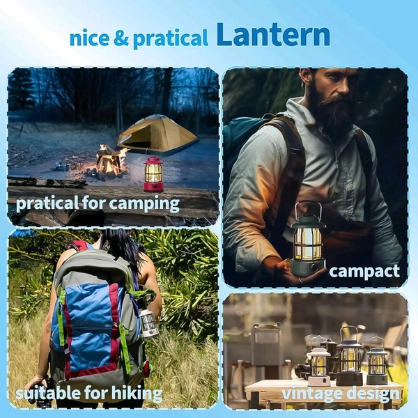 LED Camping Lante Light Retro Style Lighting Battery Type-c Rechargeable Dimmable Tent Lamp Outdoor Portable Waterproof Flashlight Lanterns Lightweight for Courtyard Hiking Power Outages Emergency (1 Pc)