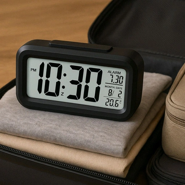 Digital LCD Alarm Clock with Backlight β Optically Controlled Battery-Powered Clock with Time, Date, and Temperature Display