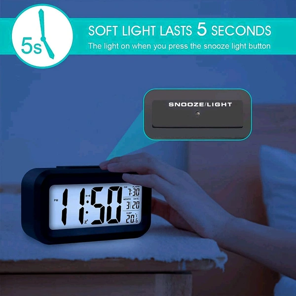 Digital LCD Alarm Clock with Backlight β Optically Controlled Battery-Powered Clock with Time, Date, and Temperature Display
