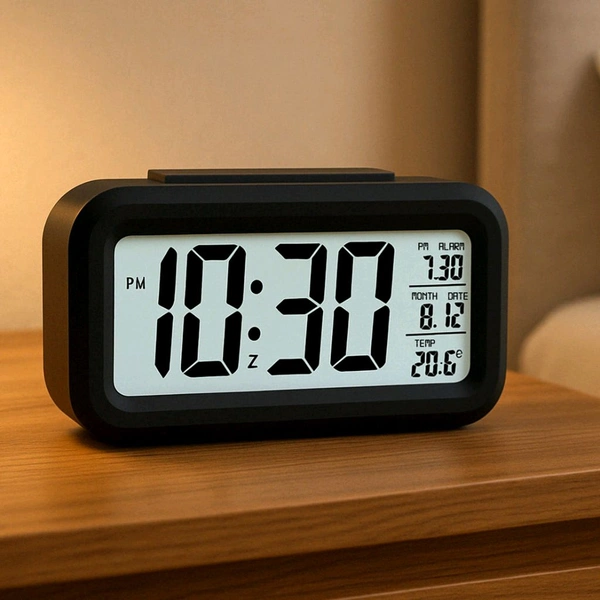 Digital LCD Alarm Clock with Backlight β Optically Controlled Battery-Powered Clock with Time, Date, and Temperature Display