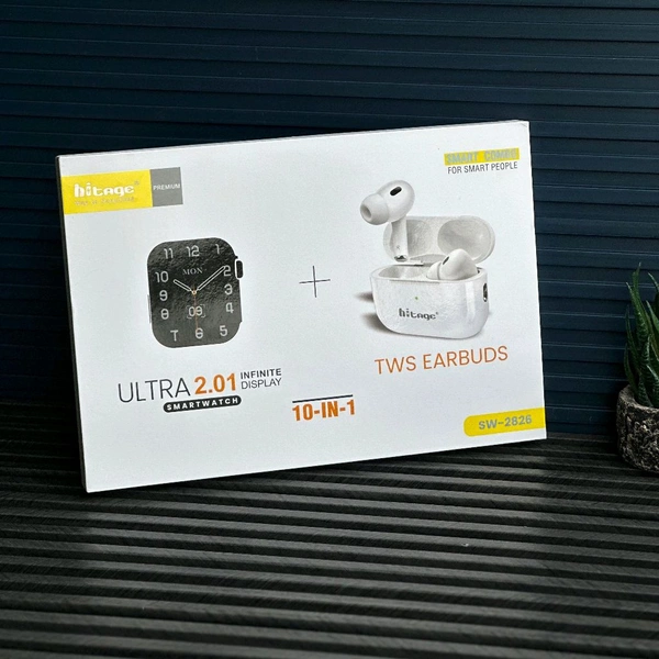 Hitage 10-in-1 Smartwatch Combo with TWS Earbuds – Ultra 2.01 Display, 7 Straps, Fast Wireless Charging, Health Tracker, Bluetooth Calling