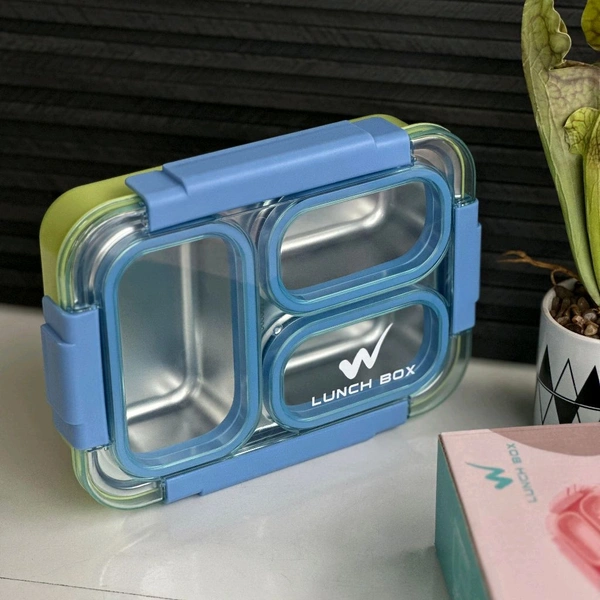Lunch Box for Adults/Lunch Box for Kids with Spoon & Fork - Stainless Steel & Leak Proof 900 ML with Silicon lid with 4 Compartment for School & Office. - Blue