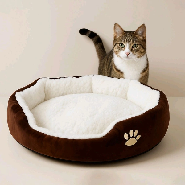 Luxury Soft Plush Round Pet Bed for Cats and Small Dogs with Non-Slip Base – Cozy Fleece-Lined Cushion Nest for Indoor Use – Warm and Comfortable Sleeping Mat with Raised Rim and Paw Print Design 