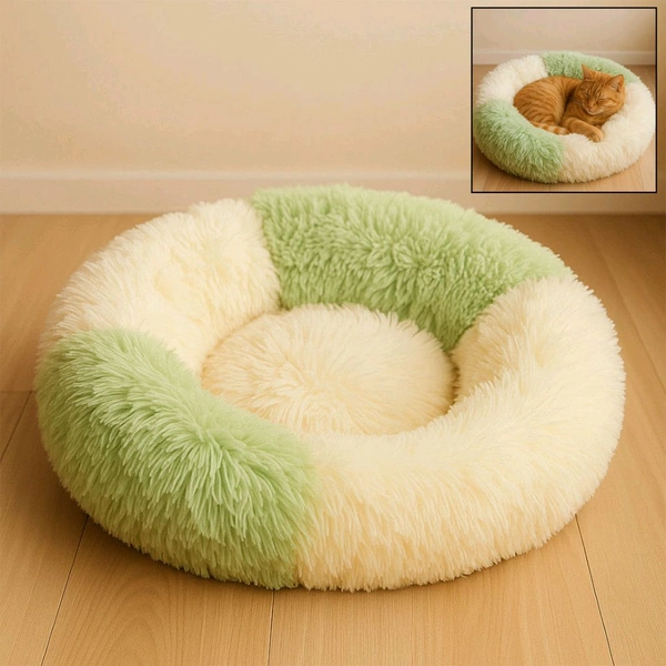 Ultra Soft Fluffy Pet Bed for Cats & Small Dogs – Cozy Round Anti-Anxiety Nest Cushion in Dual-Tone Cream & Green Plush 