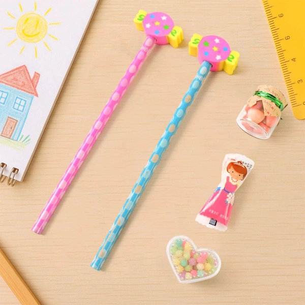 Candy Design Pencil Set with Accessories – 1 Set Stationery Combo for Kids (Includes 2 Pencils, Eraser, and Mini Jar)