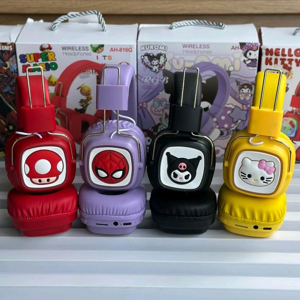 Cute RGB Cartoon Wireless Headphones – AH-816 Series. Wireless High Fidelity Sound Quality, Volume Control Ear Hanging Earphones - Kuromi	Black