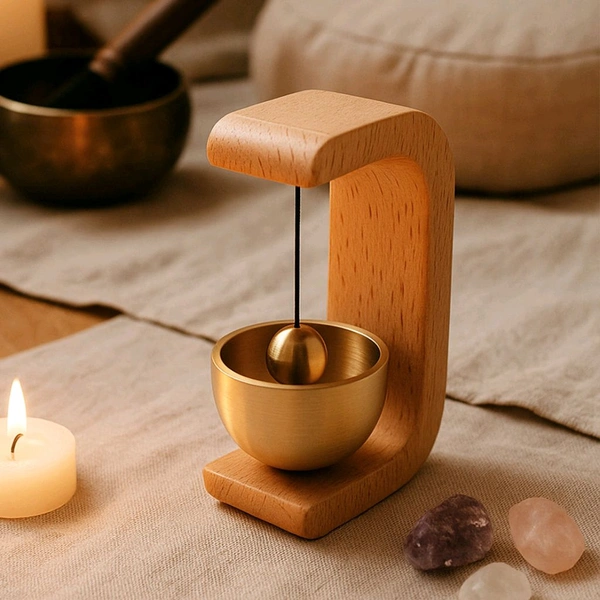 Premium Desktop Japanese-Style Zen Bell for Meditation and Mindfulness – Wooden Stand with Brass Chime Ball