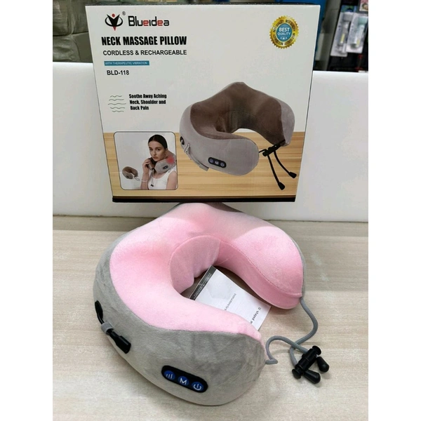 Blueidea Cordless Neck Massage Pillow | Rechargeable Vibrating U-Shaped Travel Pillow for Neck, Shoulder & Back Pain Relief | Soft Memory Foam with Adjustable Fit
