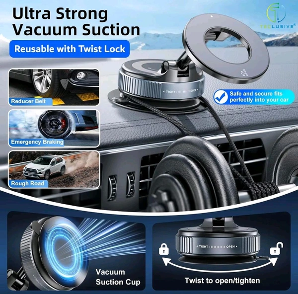 K007 Magnetic Phone Holder for Car Dashboard – Vacuum Suction Base, 360° Adjustable, One-Hand Operation, Strong Magnet Mount for All Smartphones