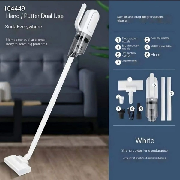 Cordless Handheld Vacuum Cleaner 2-in-1 Stick & Mini Design – Strong Suction for Home & Car Cleaning with Multiple Nozzles, USB Rechargeable, Lightweight & Portable (White)