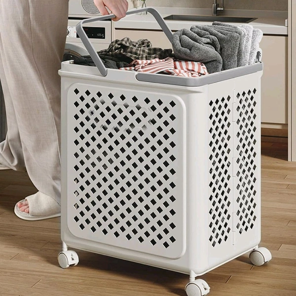 Large Foldable Laundry Basket with Wheels and Ventilation Holes | Portable Plastic Clothes Storage Hamper for Bedroom, Bathroom & Laundry Room | Rolling Utility Laundry Bin with Lidless Design