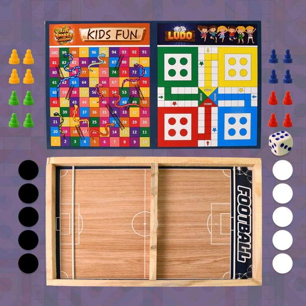 3-in-1 Wooden Board Game Set – Ludo, Snakes & Ladders, and Desktop Football with Playing Pieces & Dice – Foldable Wooden Box Game for Kids & Family Fun – Indoor Tabletop Board Game Kit
