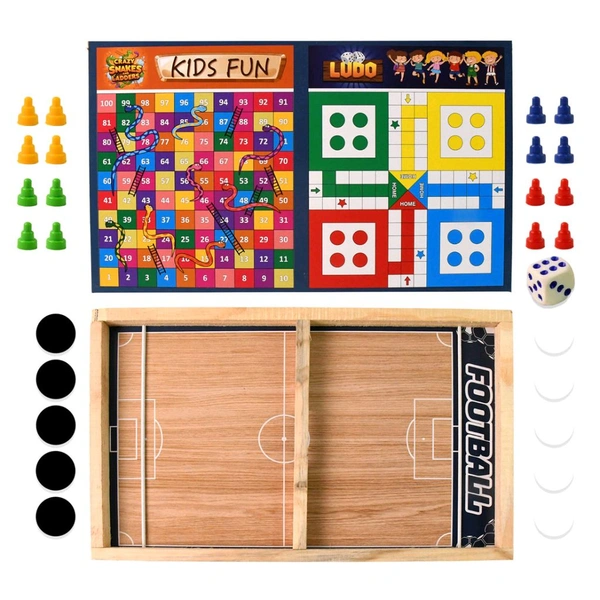 3-in-1 Wooden Board Game Set – Ludo, Snakes & Ladders, and Desktop Football with Playing Pieces & Dice – Foldable Wooden Box Game for Kids & Family Fun – Indoor Tabletop Board Game Kit
