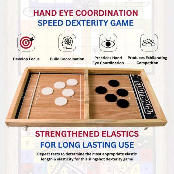3-in-1 Wooden Board Game Set – Ludo, Snakes & Ladders, and Desktop Football with Playing Pieces & Dice – Foldable Wooden Box Game for Kids & Family Fun – Indoor Tabletop Board Game Kit
