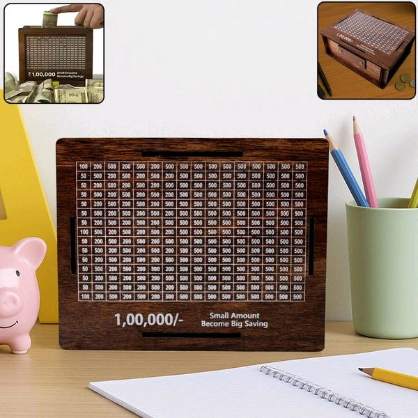 Wooden Money/Piggy Bank, Money Box, Coin Box with Carved Design for Kids/Children, Savings Challenge Box, Cash Vault Wooden Savings Box
