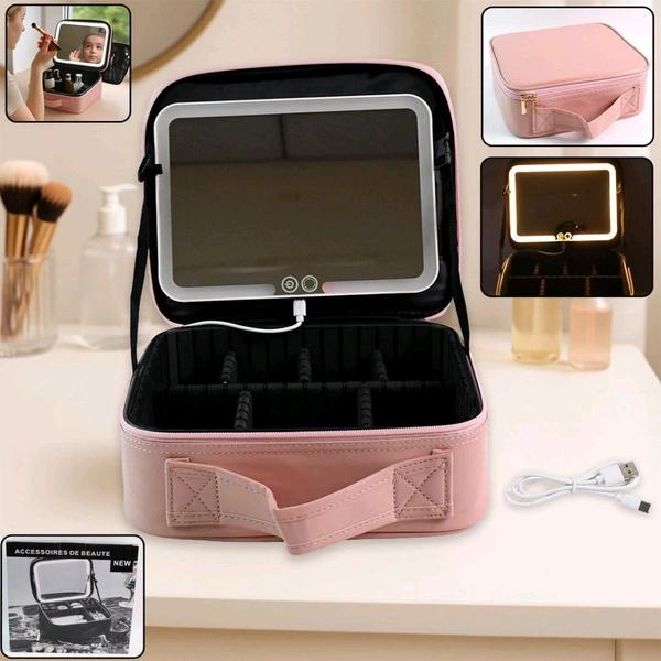 Premium Pink LED Light Makeup Organizer Box with Touch Sensor Mirror – Portable Adjustable Cosmetic Storage Case with USB Charging