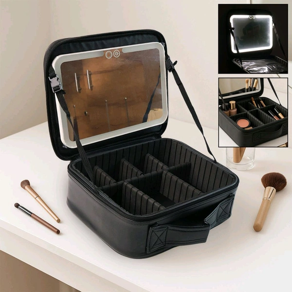 Premium Pink LED Light Makeup Organizer Box with Touch Sensor Mirror – Portable Adjustable Cosmetic Storage Case with USB Charging