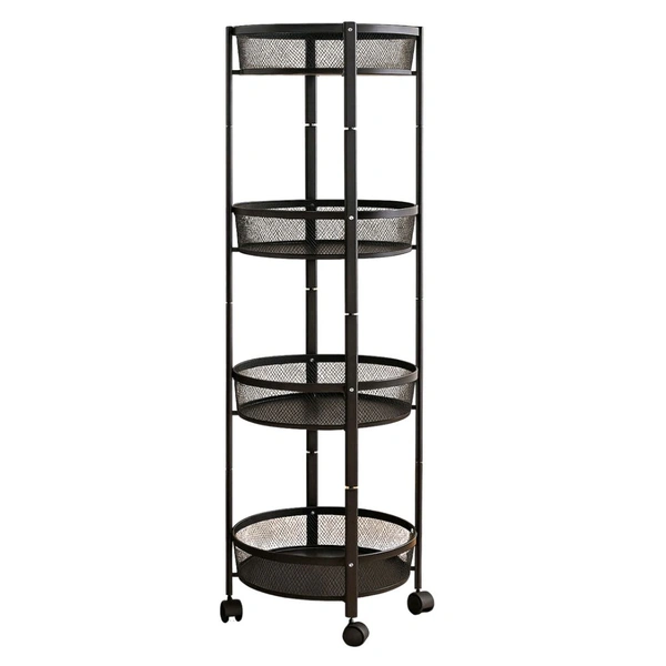 4-Layer Round Metal Mesh Storage Organizer Rack with Wheels – Rolling Utility Cart for Kitchen, Bathroom, Bedroom & Office – Brown Box Packing