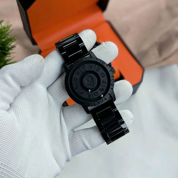 New Magnetic Ball Watch for Men β Unique Rotating Dial, Luxury Black Steel Strap, Minimal Arabic Numerals, Fashion Business Casual Timepiece - Zodiac Skull
