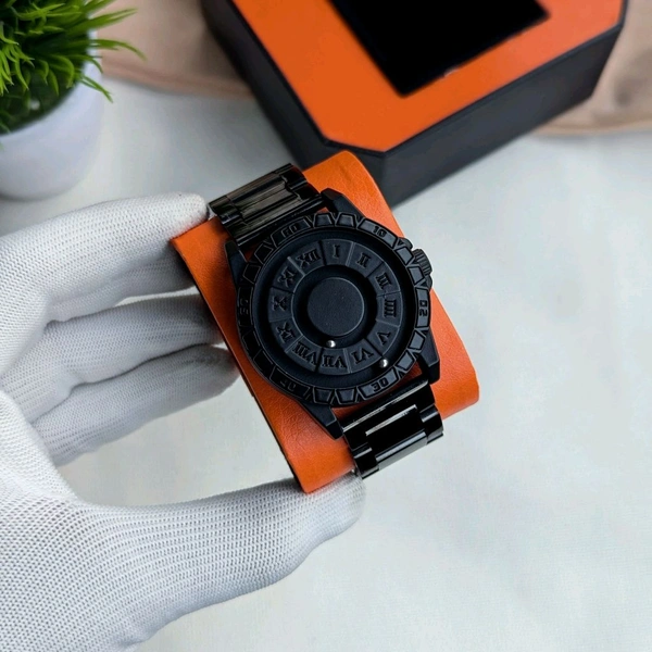 New Magnetic Ball Watch for Men β Unique Rotating Dial, Luxury Black Steel Strap, Minimal Arabic Numerals, Fashion Business Casual Timepiece - Roman Spiral