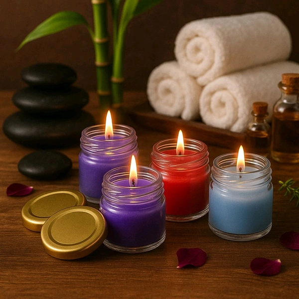4 Piece Wax Candle Set in Glass Jars with Gold Lids - Decorative Flameless Candles for Home, Spa, and Festive Decor