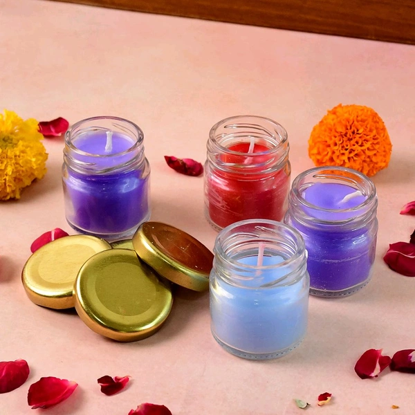 4 Piece Wax Candle Set in Glass Jars with Gold Lids - Decorative Flameless Candles for Home, Spa, and Festive Decor