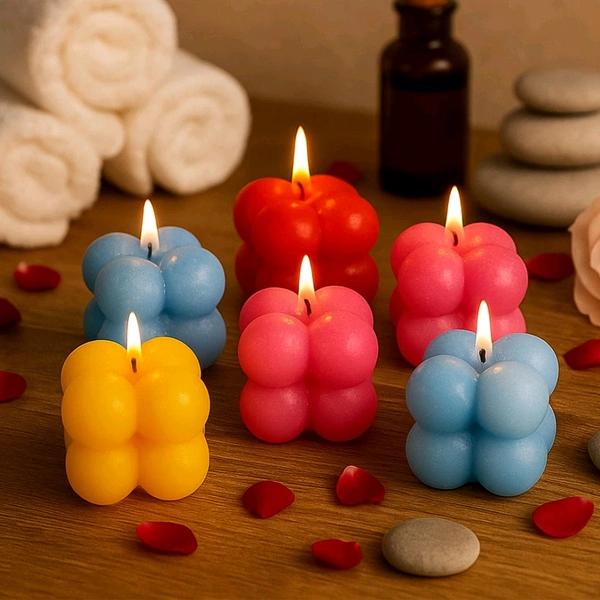 Set of 6 Multicolor Aesthetic Bubble Cube Wax Candles - Premium Wax Decorative Hand-Poured Sculptural Candles for Home Decor, Living Room, Bedroom, Diwali Decoration, Party Centerpiece