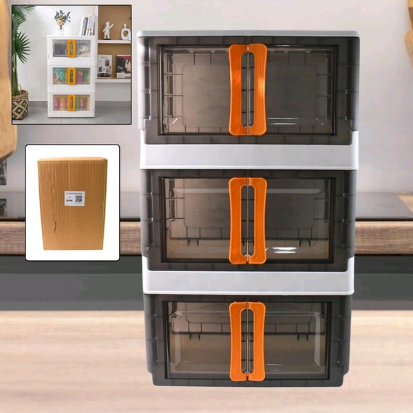 Folding Wardrobe Storage Organizer | Storage Bins with Double Door & Top Lid Opening | Drawer Organizer for Office | Black & White - 3 Layer