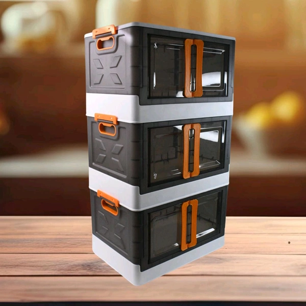 Folding Wardrobe Storage Organizer | Storage Bins with Double Door & Top Lid Opening | Drawer Organizer for Office | Black & White - 3 Layer