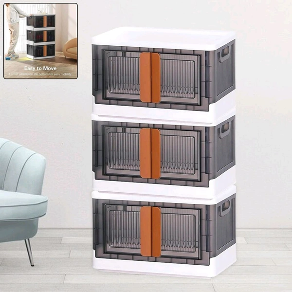 Folding Wardrobe Storage Organizer | Storage Bins with Double Door & Top Lid Opening | Drawer Organizer for Office | Black & White - 3Layer