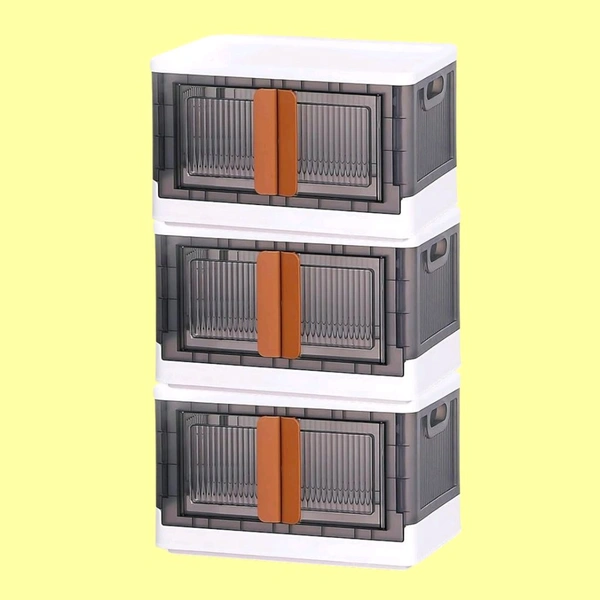 Folding Wardrobe Storage Organizer | Storage Bins with Double Door & Top Lid Opening | Drawer Organizer for Office | Black & White - 3Layer