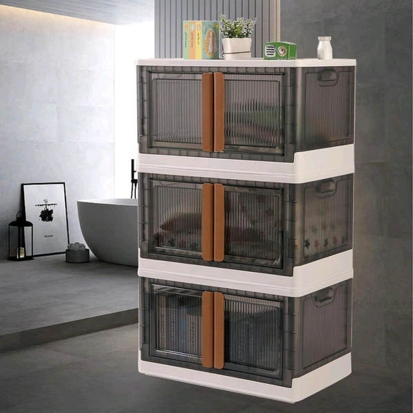 Folding Wardrobe Storage Organizer | Storage Bins with Double Door & Top Lid Opening | Drawer Organizer for Office | Black & White - 3Layer